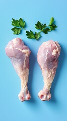 Raw chicken drumsticks on blue background with fresh parsley