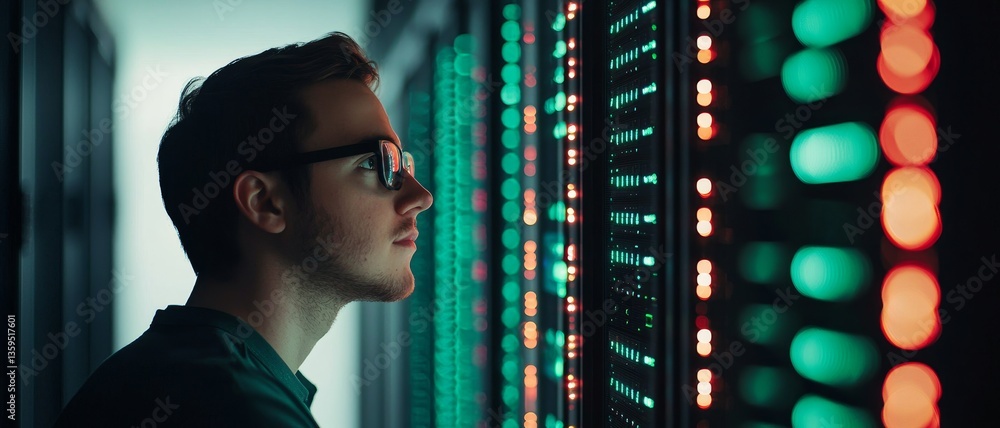 Poster cybersecurity and network prevention concept. man observing illuminated server panels in a data cent