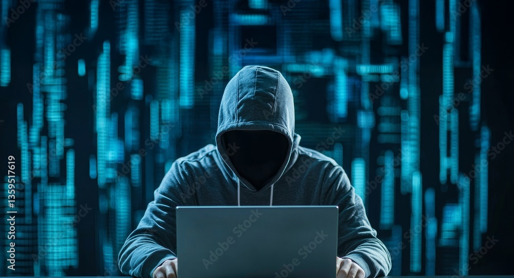 Poster cybersecurity and network prevention concept. hooded figure hacking on a laptop in a digital environ