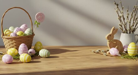 Cute rabbit figure near basket creates joyful festive mood rabbit enhances spring feeling, stylish rabbit decor provides cheerful easter vibes, pastel eggs make rabbit decoration trendier.

