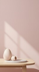 Pastel eggs arranged elegantly on stylish wooden table pastel colors create minimal mood pastel tones offering trendy home decor ideas pastel shades emphasizing cozy festive atmosphere indoors.