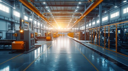 Fototapeta premium Brightly lit industrial warehouse with large machinery and equipment arranged in organized rows