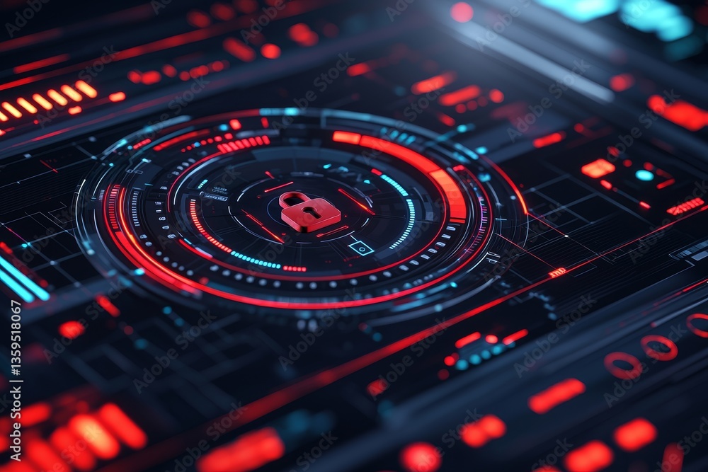 Poster cybersecurity and network prevention concept. futuristic digital interface with a lock symbol in vib