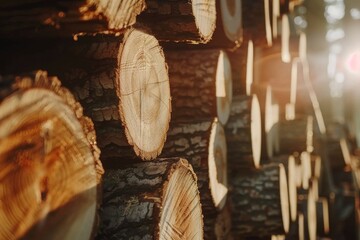 Stacked logs in sunlight showcasing the natural beauty of timber and forest elements