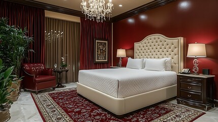 Luxurious Master Bedroom Interior Design Elegant Bed Red Accents Upscale Hotel Suite