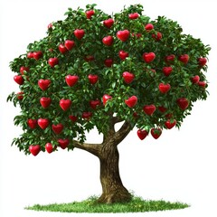 Fototapeta premium Dreamy heart-shaped apple tree with vibrant red fruits surrounded by lush green leaves in a whimsical setting