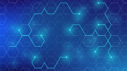 Obraz premium Digital hexagonal pattern with glowing lines in a blue background