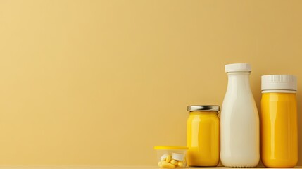A minimalist composition featuring various containers. including a small white jar. a yellow jar. and a large white bottle. set against a soft beige background. ideal for product advertising