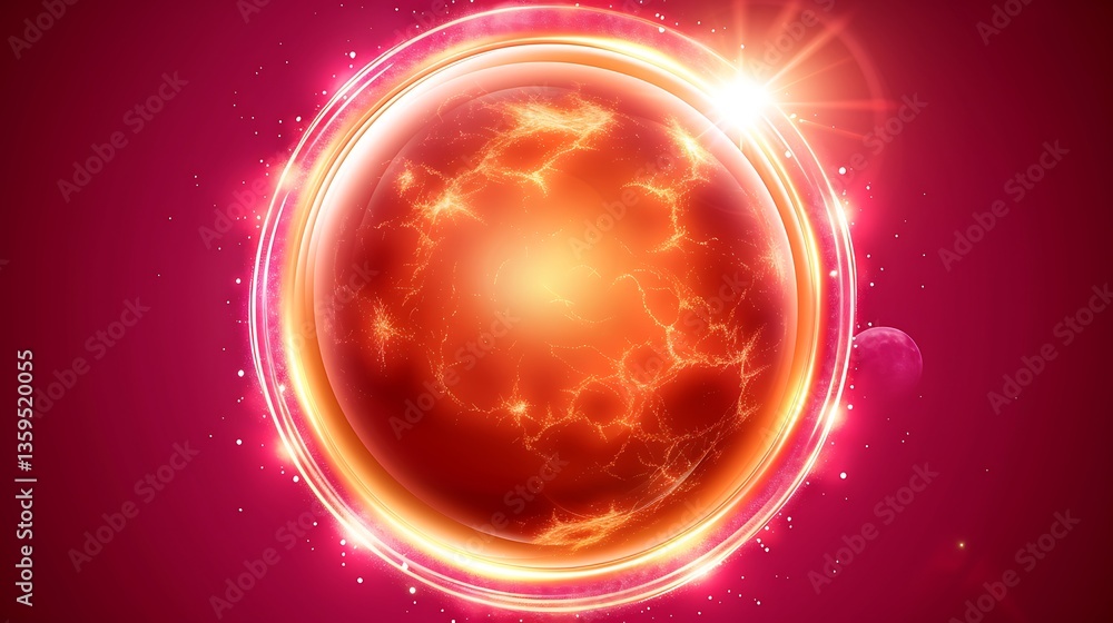 Poster a glowing red and orange celestial sphere with orbiting planets