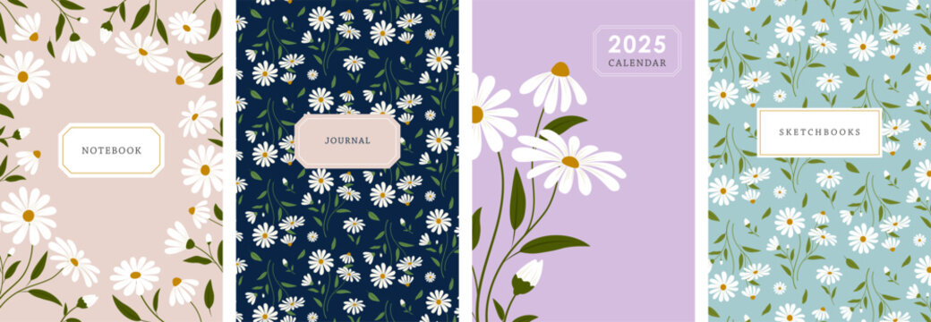 Floral patterned covers for notebook, calendar, journal or sketchbook. Botanical backgrounds and frames with hand-drawn daisy flowers.