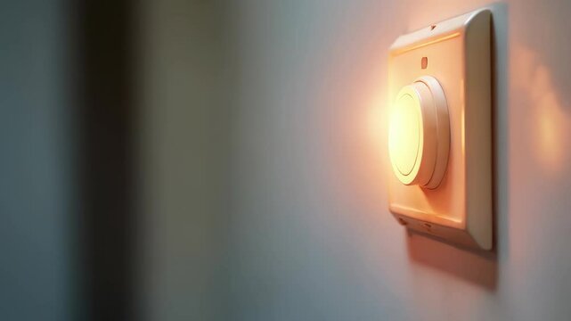 Hand turning on energy-saving dimmer switch, symbolizing lightbulb efficiency, modern interior.
