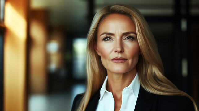 Elegant blonde woman in her fifties with long hair wearing business attire white shirt black jacket standing inside office building