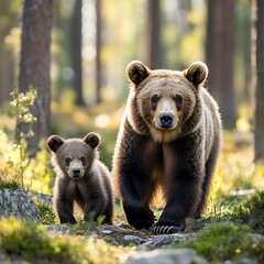 Obraz premium A brown bear and her cub walking through a sunlit forest