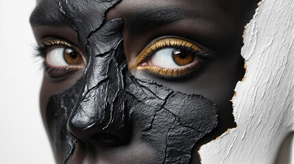 Close-up of an African American woman with cracked black and white textured paint, symbolizing contrast and duality. Yellow mascara. Themes of transformation and identity. Fashion portrait.