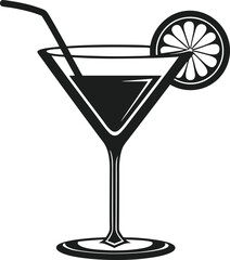 Elegant Cocktail Glass Silhouette with Straw and Lemon Slice – Vector Illustration