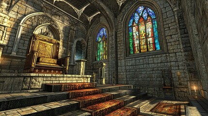Obraz premium Castle throne room showcasing a raised dais with an ornate gilded throne, stained-glass windows filtering colorful light, and detailed stone carvings on the walls. 