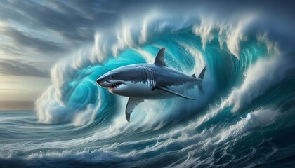Shark in the Surf A dynamic coastal seascape captures a great wh