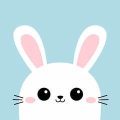Cute white rabbit bunny hare face head silhouette. Pink cheeks, ears. Kawaii cartoon funny baby character. Happy Easter. Valentines Day. Greeting card. Blue background. Flat design. Vector