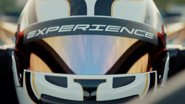 Extreme close-up of a race car driver driving along the race track wearing a protective helmet with experience slogan. 3d animation rendering. New 2025 black and gold race car design