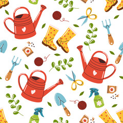 Seamless pattern with garden tools. Vector drawing of garden elements: watering can, shovels, seeds, boots, plants on a white background