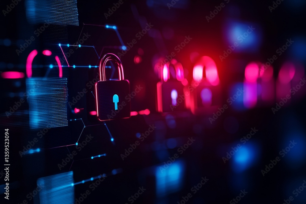 Poster cybersecurity with data protection incident response concept. digital locks on a futuristic interfac
