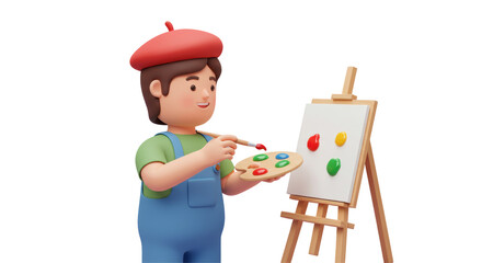 Isolated Cartoon Painter Character with Easel and Palette