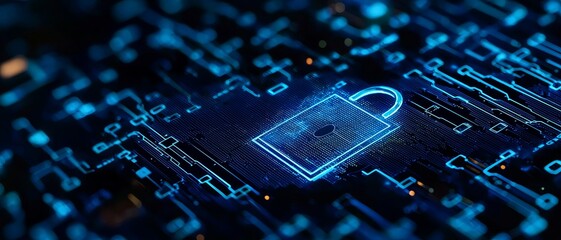 Cybersecurity with data protection incident response concept. Digital security concept with a lock on a circuit board background.