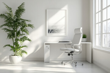White office with plant in corner, minimalist desk with laptop and coffee mug, sun shining through window casting shadows on clean walls.