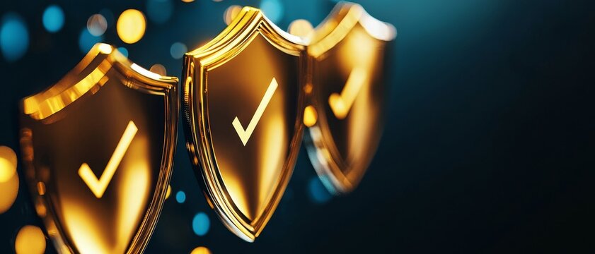 Cybersecurity with data protection incident response concept. Three golden shields with check marks on a colorful background.