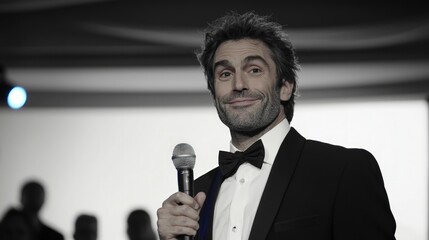 Naklejka premium Comedian Awards Ceremony Microphone Tuxedo Black and White Stage Laughter Entertain
