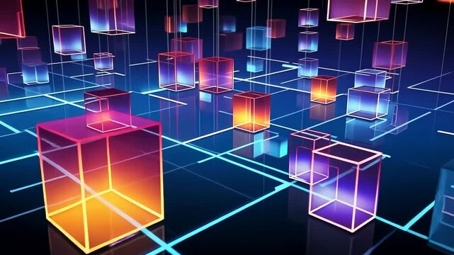 Abstract digital network of glowing cubes. Dynamic, interconnected, and futuristic
