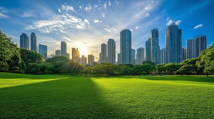 Fototapeta premium City park in vibrant greenery surrounded by sleek high-rise buildings, blue sky with scattered clouds, dynamic perspective, late afternoon glow, panoramic urban scene. 