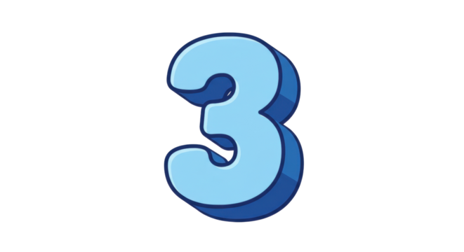 Isolated Blue Number Three 3D Cartoon Style