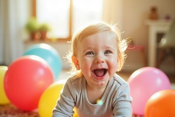 Adorable baby giggles and plays with colorful balloons in sunlit room, capturing heartwarming moment.