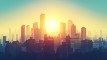 Fototapeta premium City skyline with a glowing sun dominating the clear blue sky, tall buildings silhouetted against warm golden light, soft shadows, cinematic wide-angle view. 