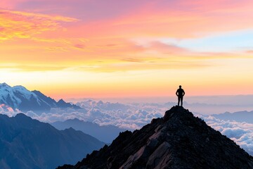 High output concept. Silhouette of a hiker on a mountain peak at sunset.