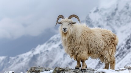 Naklejka premium Cashmere goat Capra hircus standing on a snowy mountain ridge its thick soft fleece shielding it from the icy wind Snow covered peaks stretch into the horizon