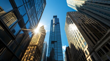 Obraz premium Cityscape showcasing a central towering skyscraper, smaller structures in its shadow, vibrant daylight with crisp edges, wide-angle shot with urban depth. 