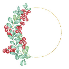 Circular golden frame adorned with red cranberries and green leaves in watercolor clipart. Perfect for festive invitations, wedding invites, Nordic-themed branding, and decorative stationery designs