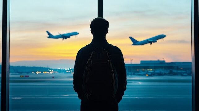High output concept. Silhouette of a traveler watching planes take off at sunset.