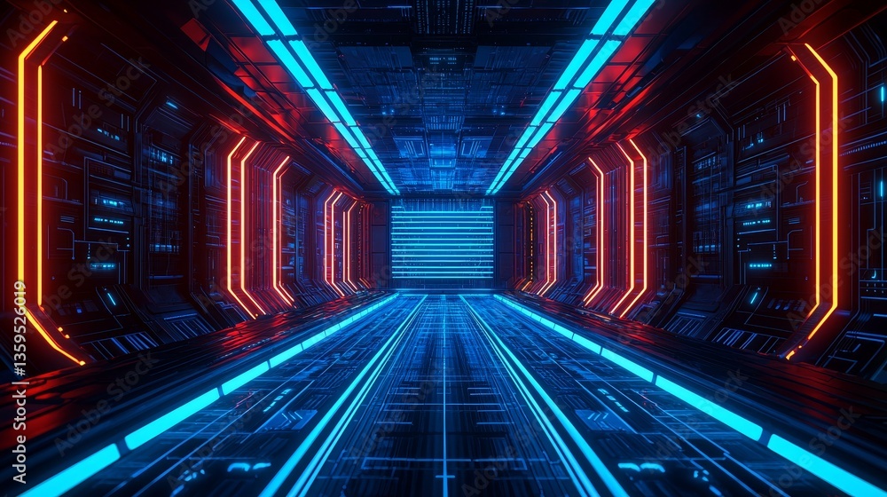 Poster high output concept. futuristic corridor with glowing lines and digital patterns.
