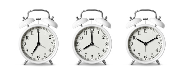 White twin bell Alarm Clock analog classic vintage retro style, isolated on a transparent...