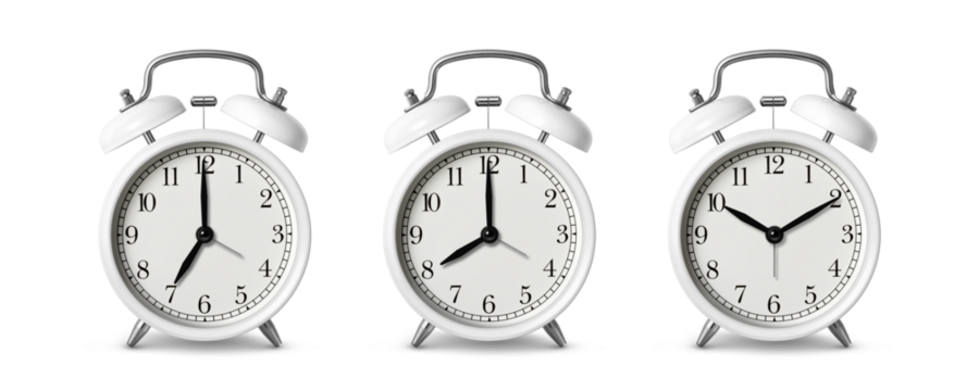 White twin bell Alarm Clock analog classic vintage retro style, isolated on a transparent background, PNG. High resolution. 