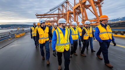 Team of cargo workers in safety gear walking in formation towards the loading zone in an industrial setting with cranes and containers in a vibrant landscape.