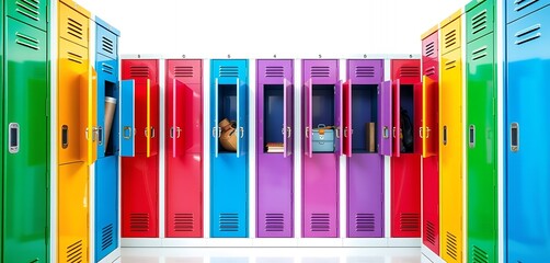 Colorful School Lockers with Open Doors Revealing Student Belongings