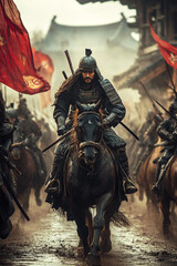 Fototapeta premium Samurai warriors charge into battle amid a fierce military conflict in ancient Japan