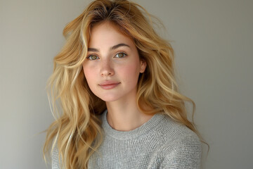 Fototapeta premium A young Caucasian woman with long, wavy blonde hair and striking green eyes, wearing a cozy gray sweater, exudes natural beauty and warmth.