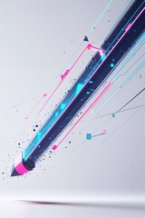A striking pencil graphic bursts with color and motion, showcasing a combination of vibrant lines and geometric shapes that symbolize creativity and digital innovation in a contemporary style