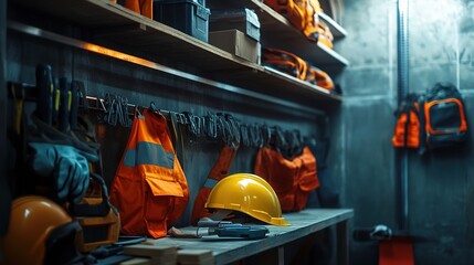 Safety Gear Station with Helmets, Gloves, Vests, and Tools