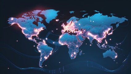 A digital representation of a world map displaying vibrant connections and data flows, showcasing how online trends and viral concepts unite people globally every second